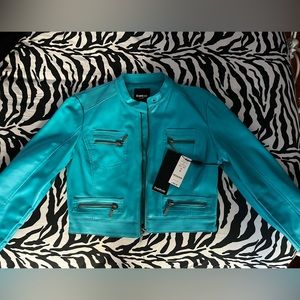 NWT Bebe blue cropped leather jacket, size medium